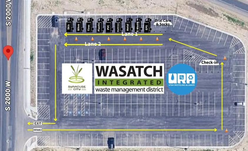 Aerial map of the Park and Ride lot showing the drive-through route: enter from S 2000 W, drive east along the south side of the lot, turn north to check-in on the east side, then drive west in Lane 1 or Lane 2 past the drop-off stations along the north side, and exit back onto S 2000 W.